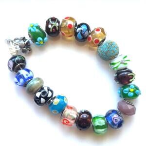 Floral Murano Charm Silver Tone Core Set Of 19 Glass Beads For Crafting Bracelet